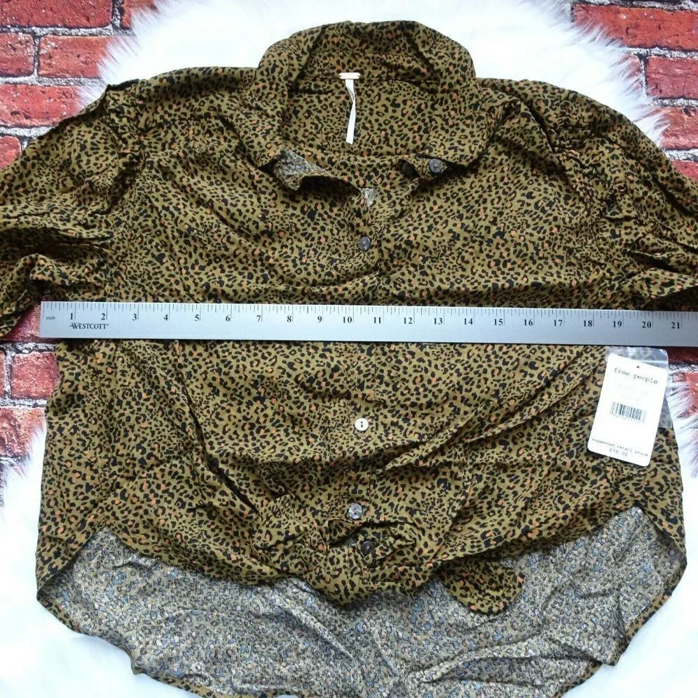 NWT Free People Celia Top Leopard Print Tie-Front Puff Sleeves Button Down XS